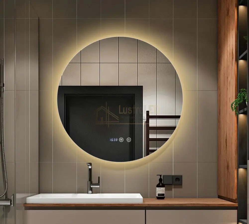 Oglinda Led Rotunda 80Cm Functie Dezaburire Touch Doua Lumini Si Ceas J170 Led Mirror