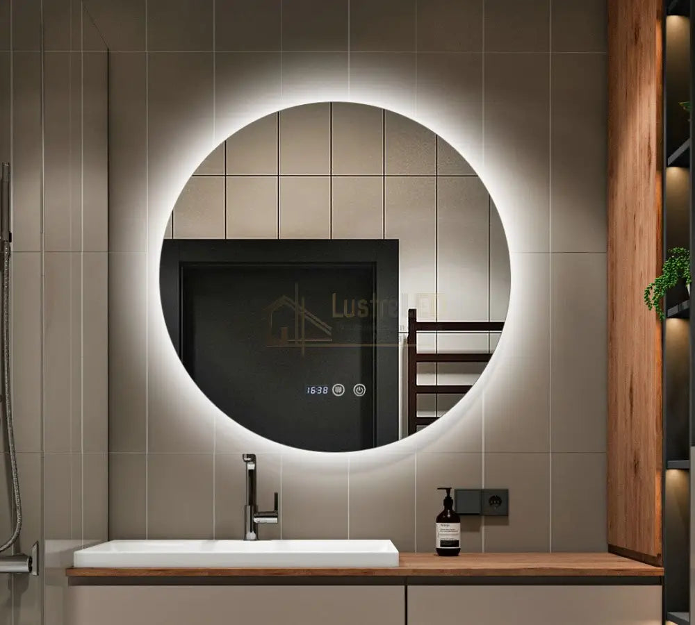 Oglinda Led Rotunda 80Cm Functie Dezaburire Touch Doua Lumini Si Ceas J170 Led Mirror