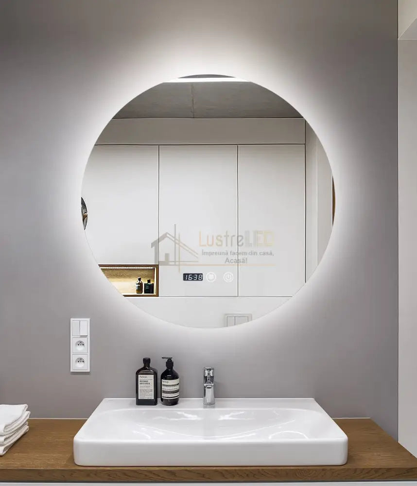 Oglinda Led Rotunda 80Cm Functie Dezaburire Touch Doua Lumini Si Ceas J170 Led Mirror