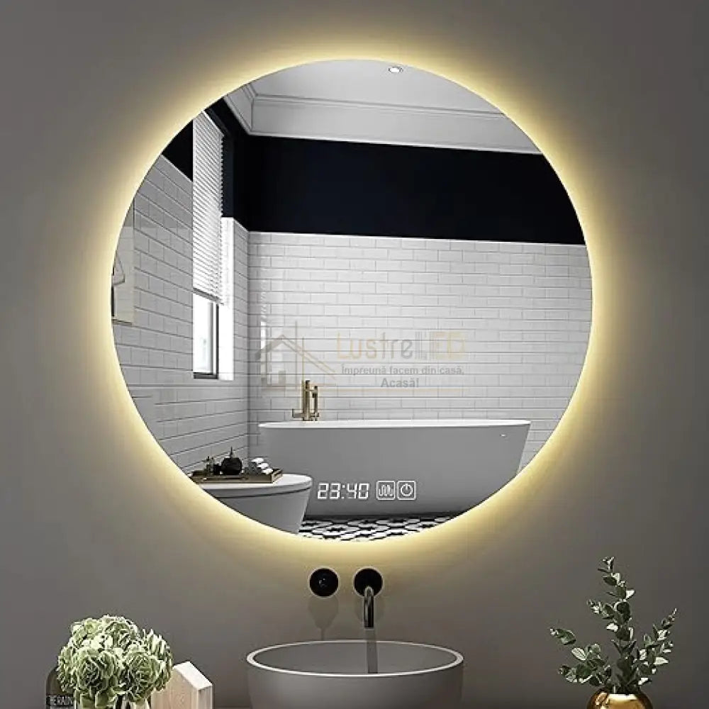 Oglinda Led Rotunda 80Cm Functie Dezaburire Touch Doua Lumini Si Ceas J170 Led Mirror