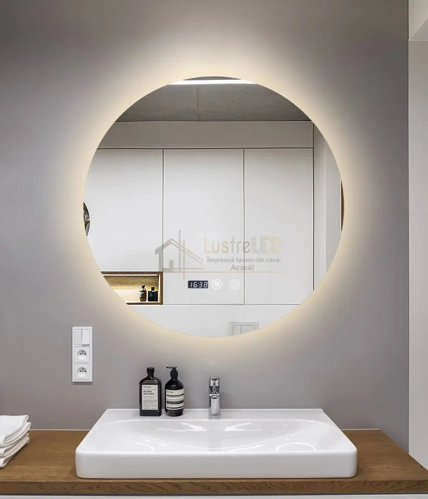 Oglinda Led Rotunda 80Cm Functie Dezaburire Touch Doua Lumini Si Ceas J170 Led Mirror