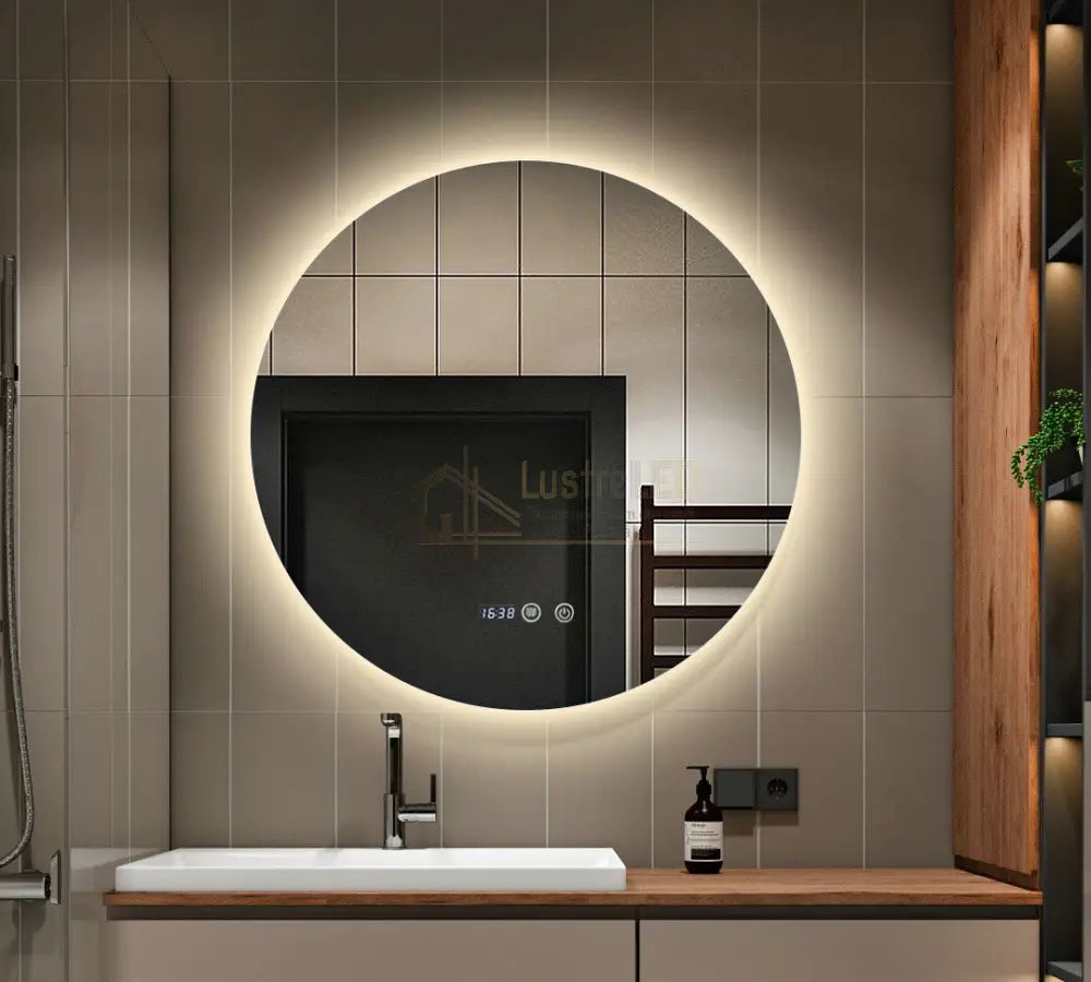 Oglinda Led Rotunda 90Cm Functie Dezaburire Touch Doua Lumini Si Ceas J170 Led Mirror