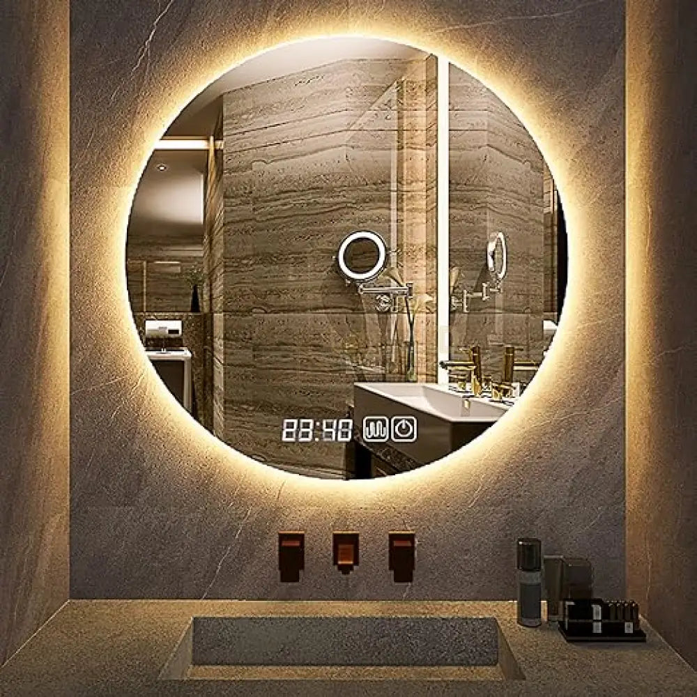 Oglinda Led Rotunda 90Cm Functie Dezaburire Touch Doua Lumini Si Ceas J170 Led Mirror