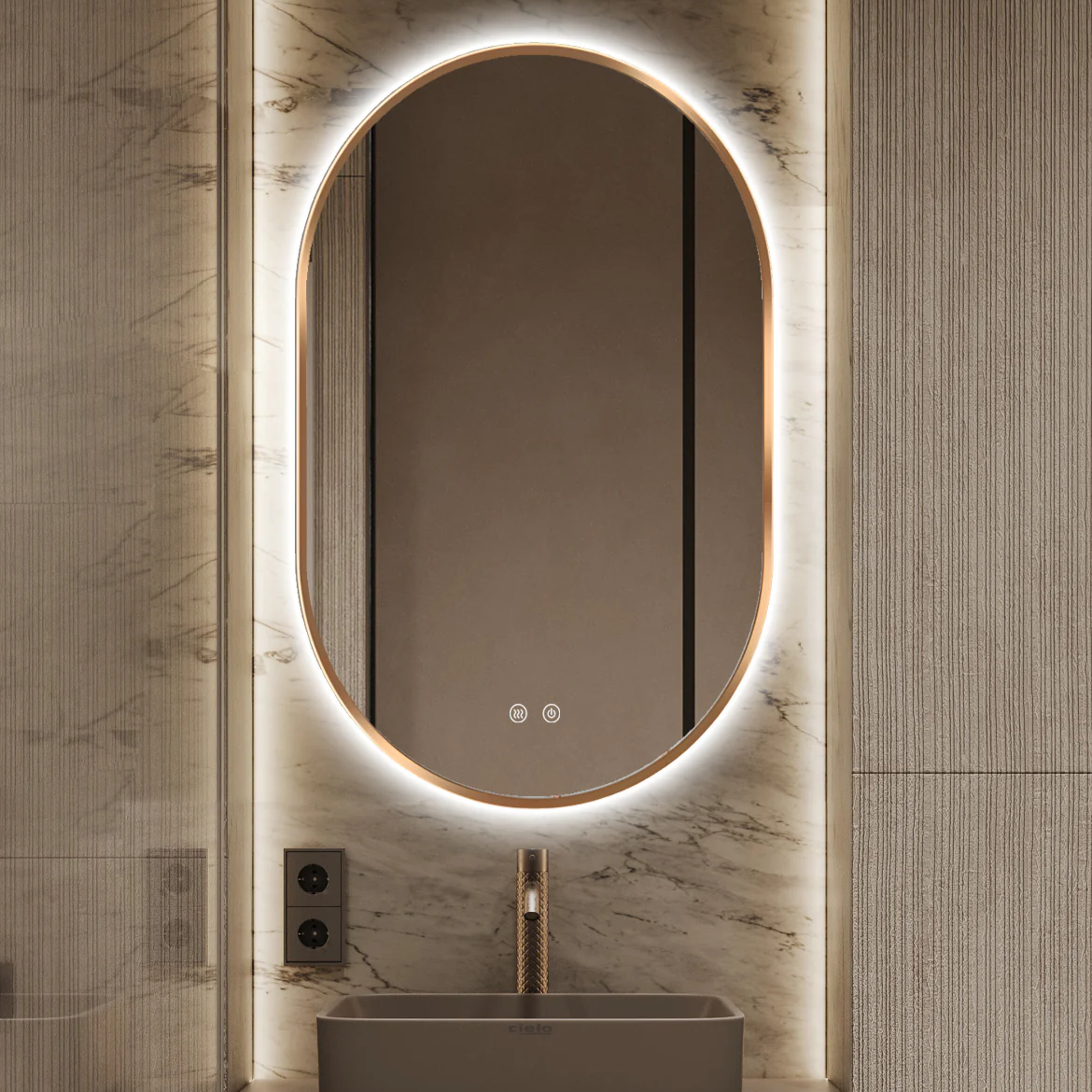 Oglinda LED Ovala 50x80cm Rama Aurie, Dezaburire si 3 Lumini J179