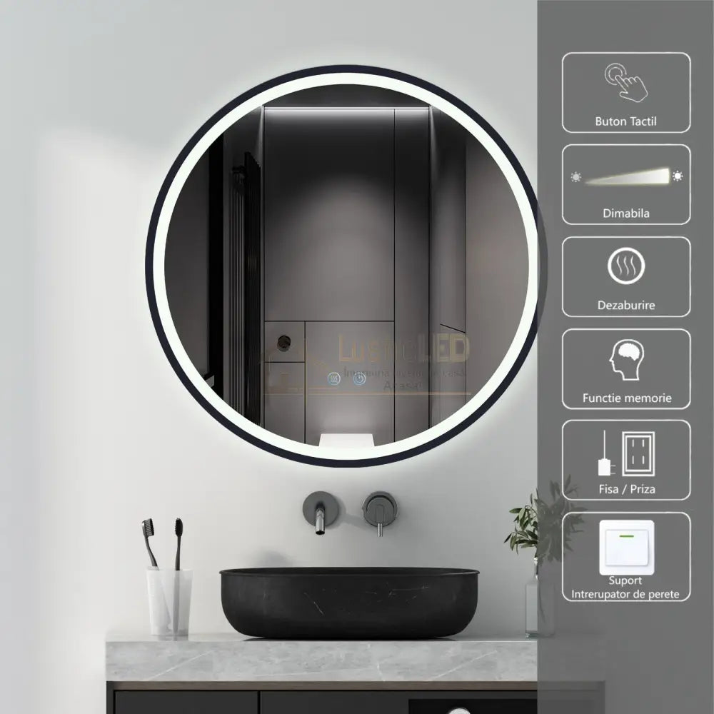 Oglinda Rotunda Neagra 60cm cu Dezaburire, Touch si 3 Lumini lustreled.ro