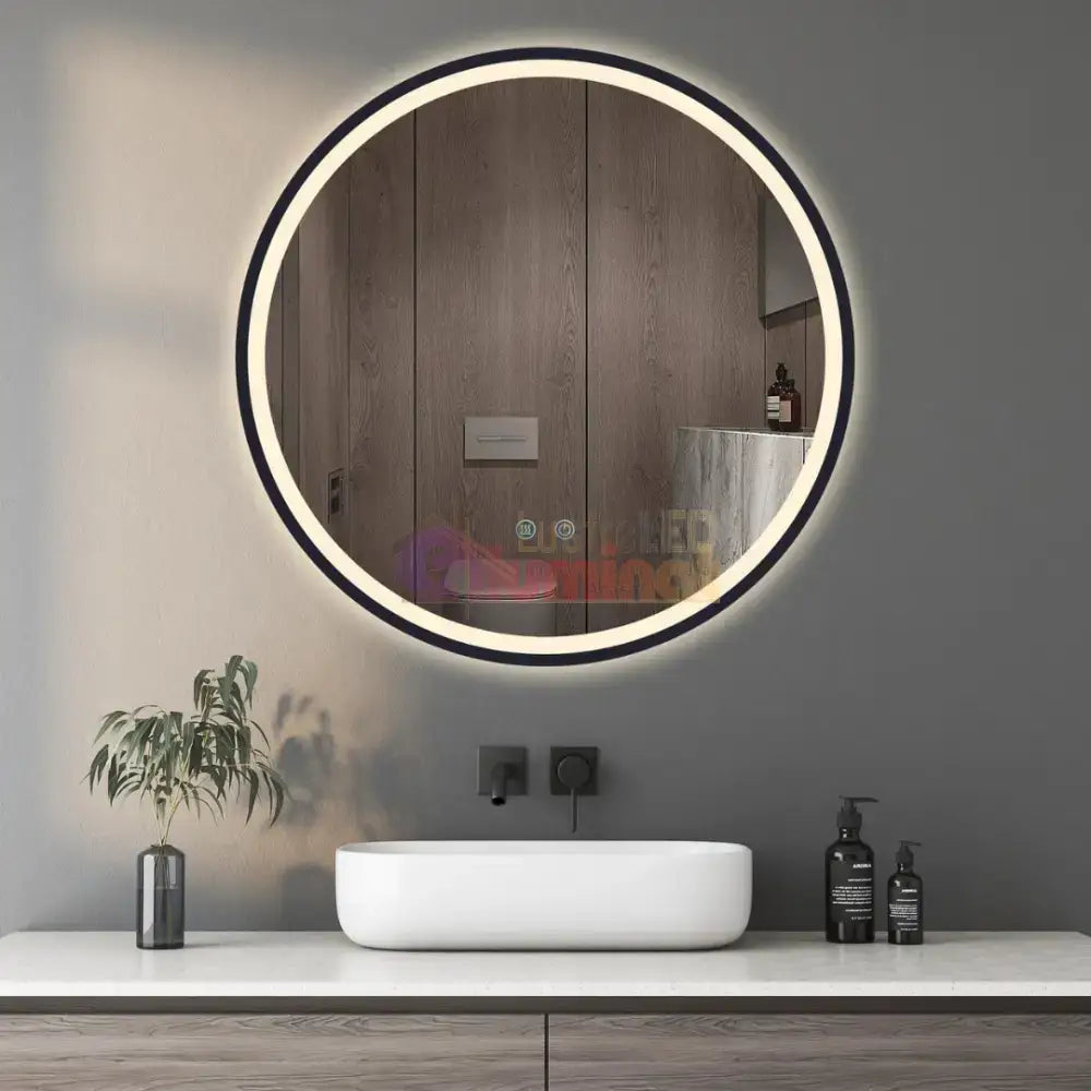 Oglinda Rotunda Neagra 60cm cu Dezaburire, Touch si 3 Lumini lustreled.ro