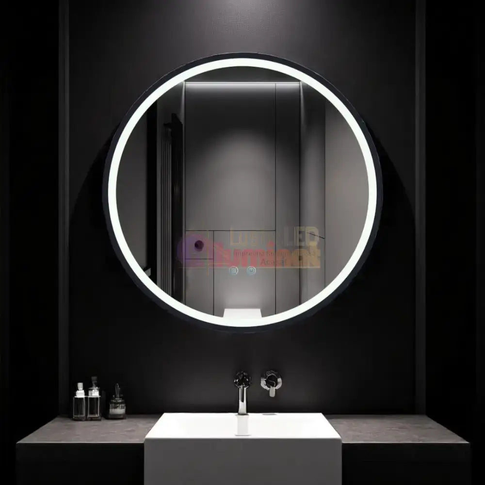 Oglinda Rotunda Neagra 60cm cu Dezaburire, Touch si 3 Lumini lustreled.ro