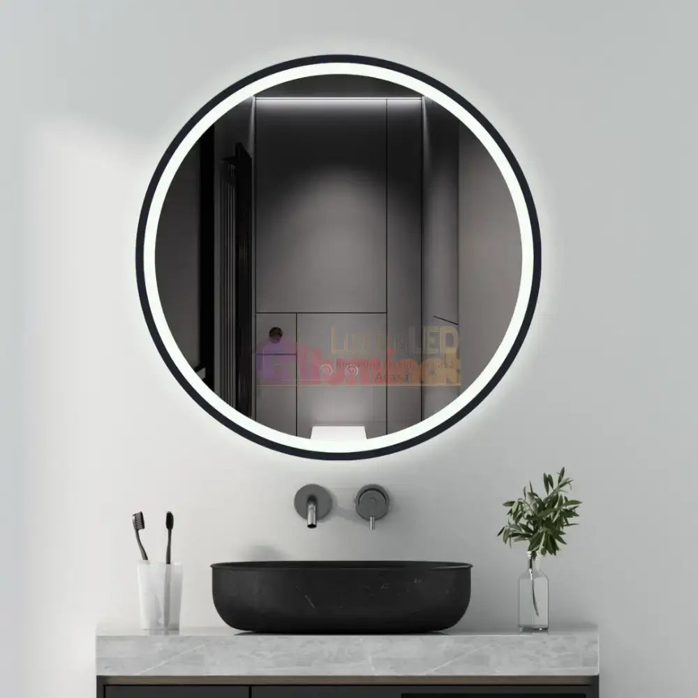 Oglinda Rotunda Neagra 60cm cu Dezaburire, Touch si 3 Lumini lustreled.ro