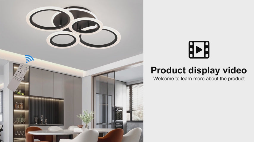 Încarcă videoclipul: Lustra LED 4 Circle RGB BLACK Echivalent 500W Telecomanda