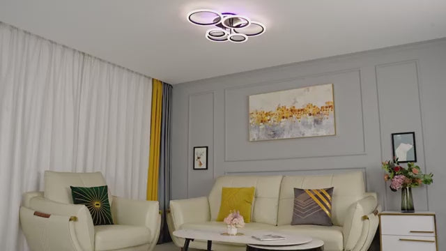 Încarcă videoclipul: Lustra LED 4+2 CIRCLE RGB BLACK Echivalent 600W Telecomanda