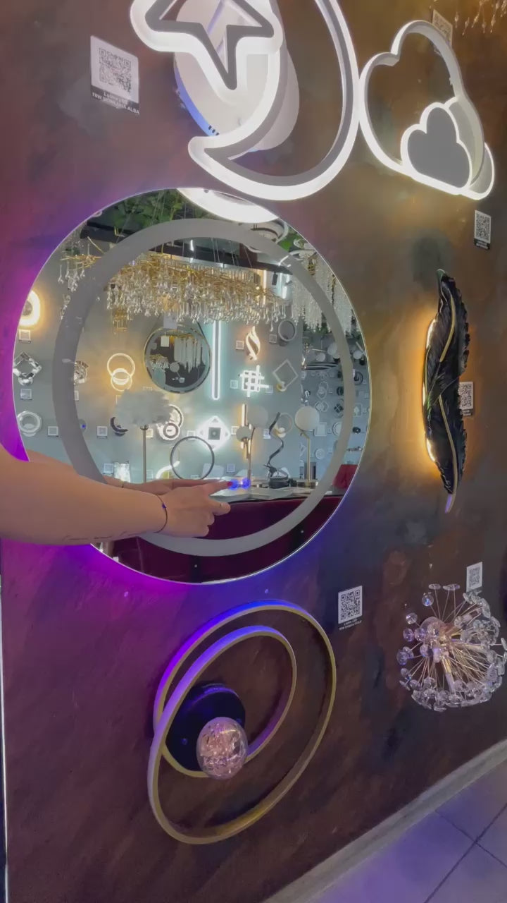 Încarcă videoclipul: Oglinda LED RGB Rotunda 70cm, 3 Lumini, Dezaburire si Touch OD013-RGB