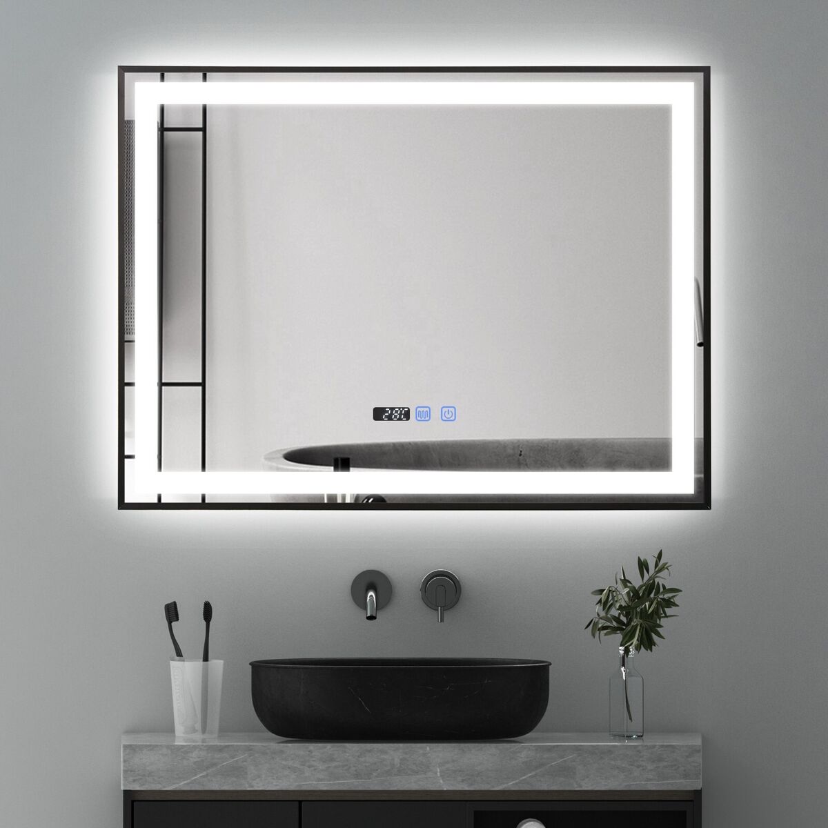 Oglinda LED 100x70cm Rama Neagra, Senzor, Dezaburire, 3 Lumini, Temperatura si Ceas W03