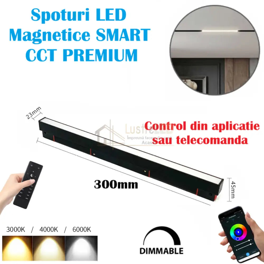 Spot Led 10W 30Cm Magnetic Smart Cct Negru Liniar Mat Telecomanda Track Light