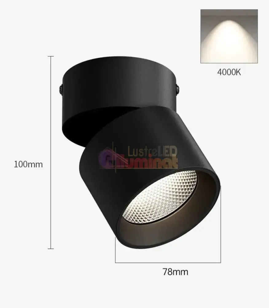 Spot LED Cilindric Aplicat Orientabil Negru 10W Lumina Neutra lustreled.ro