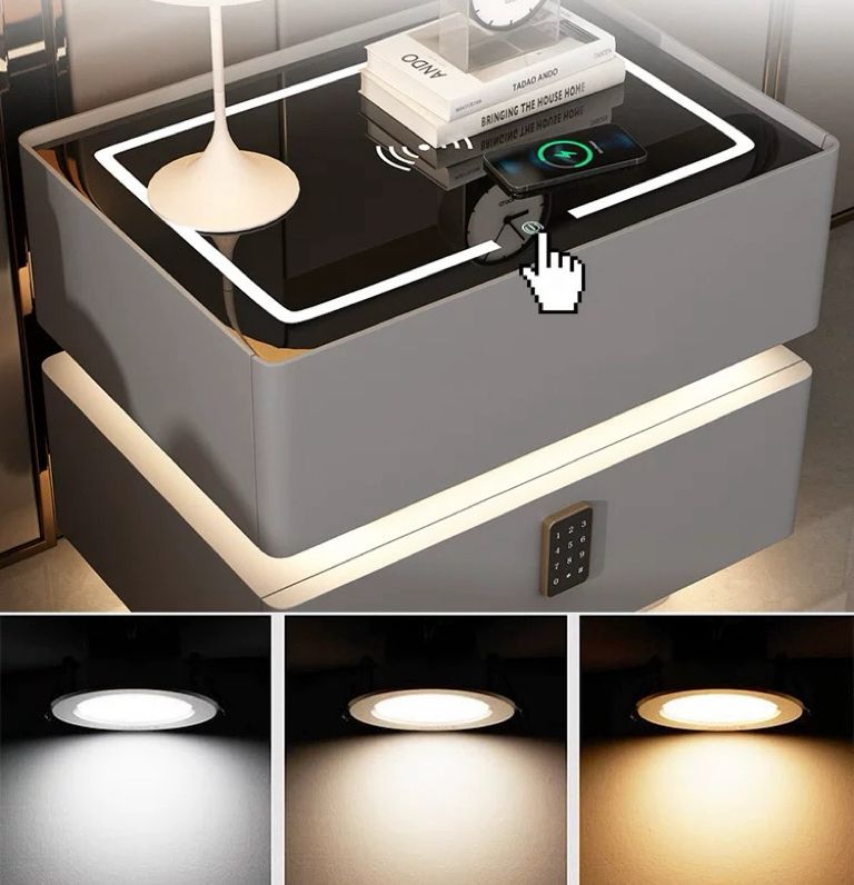 Noptiera Alba Smart cu Incarcare Wireless, Lumini, Amprenta, Boxa Bluetooth si Blocare cu Cod