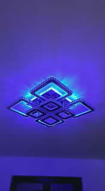 Încarcă videoclipul: Lustra LED 4+4 Square Cristal Chrome Super RGB Echivalent 1000W