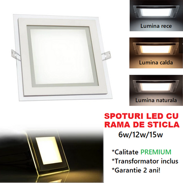 Spot LED 6W Patrat Mat Rama Sticla / 96x96mm / Incastrabil
